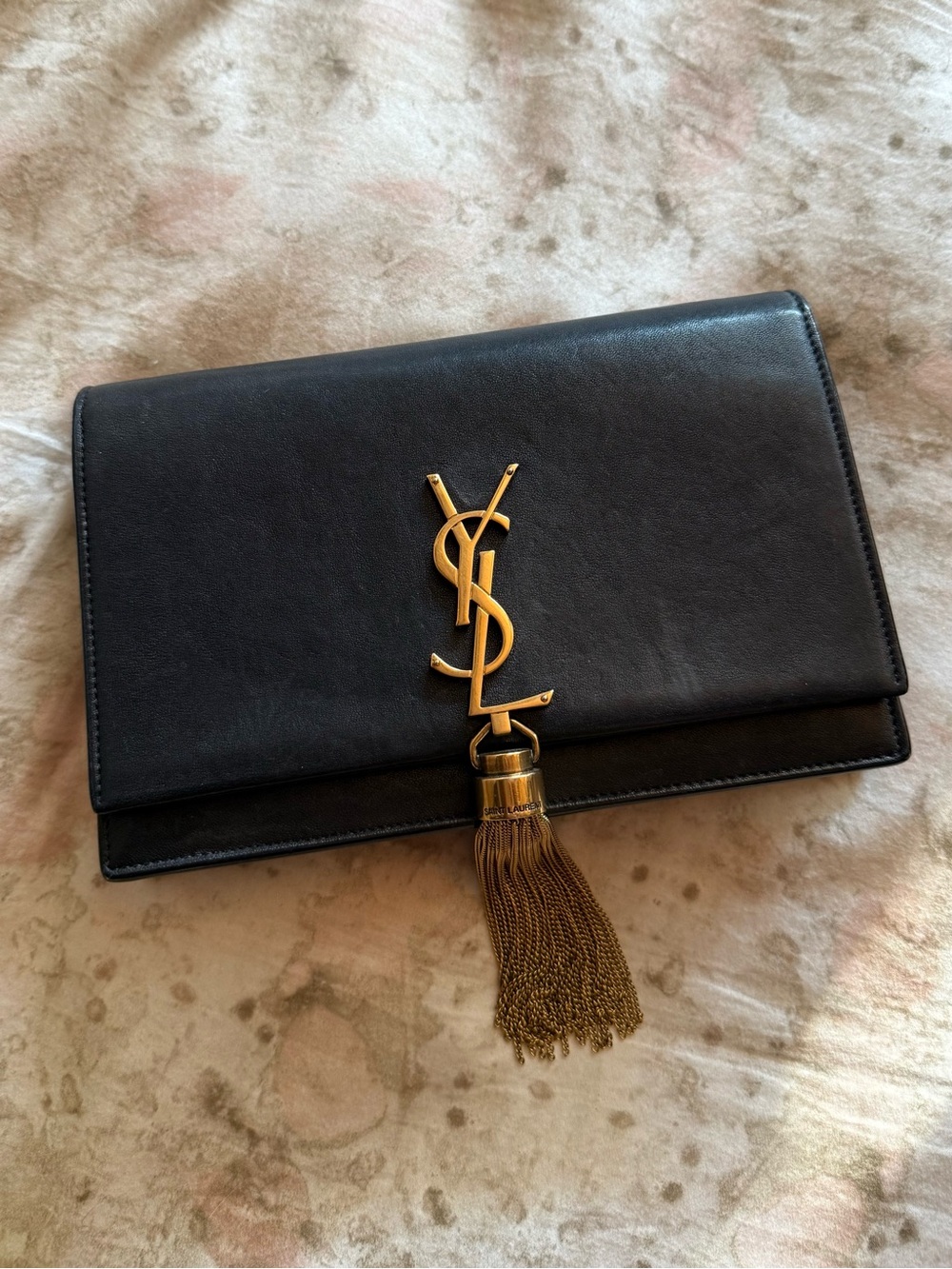 Saint Laurent Black Leather YSL Tassel Clutch with Gold Logo